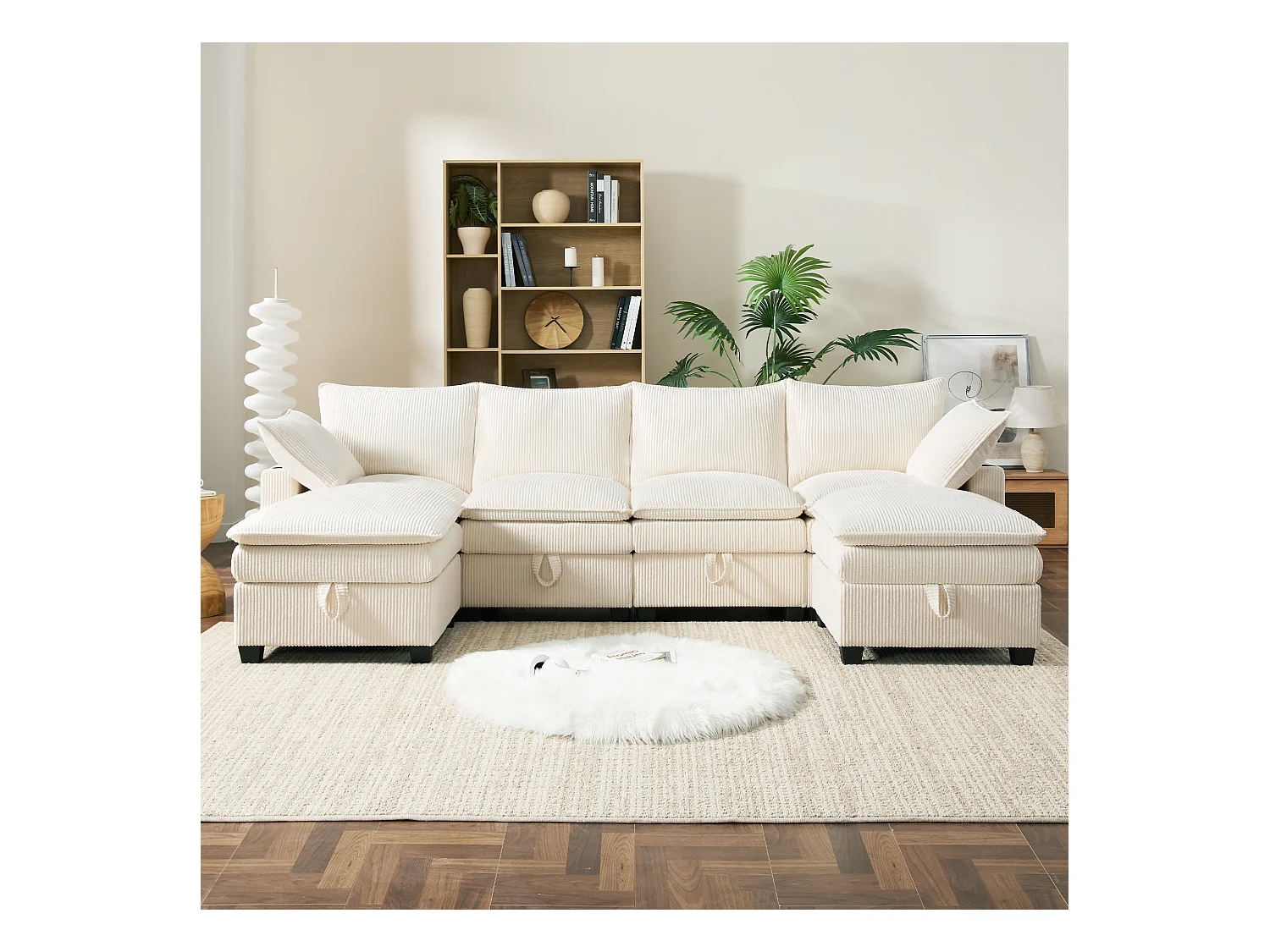 Sofá moderno - 4 lugares - Apoio de pés removível - Portas USB - Compartimentos de armazenamento + Porta-copos - Bege