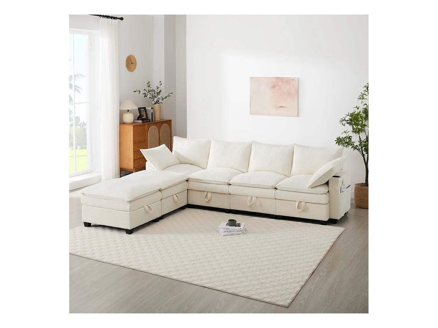 Sofá moderno - 4 lugares - Apoio de pés removível - Portas USB - Compartimentos de armazenamento + Porta-copos - Bege