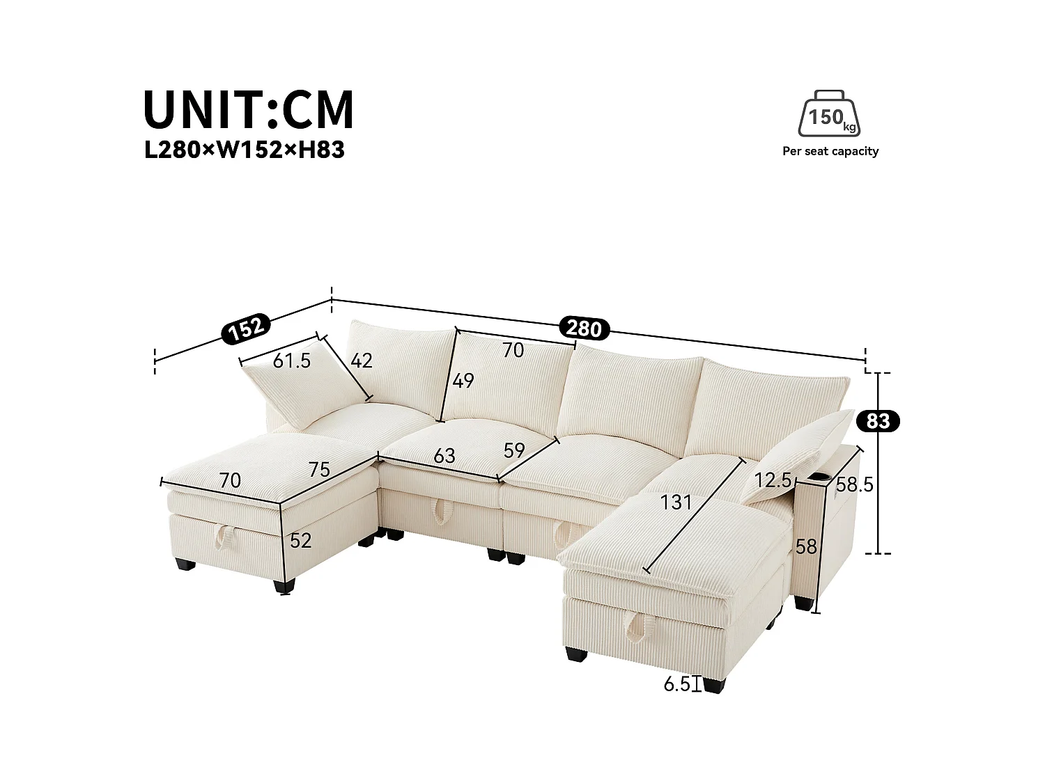 Sofá moderno - 4 lugares - Apoio de pés removível - Portas USB - Compartimentos de armazenamento + Porta-copos - Bege
