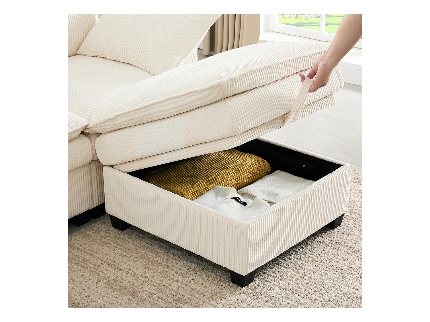 Sofá moderno - 4 lugares - Apoio de pés removível - Portas USB - Compartimentos de armazenamento + Porta-copos - Bege