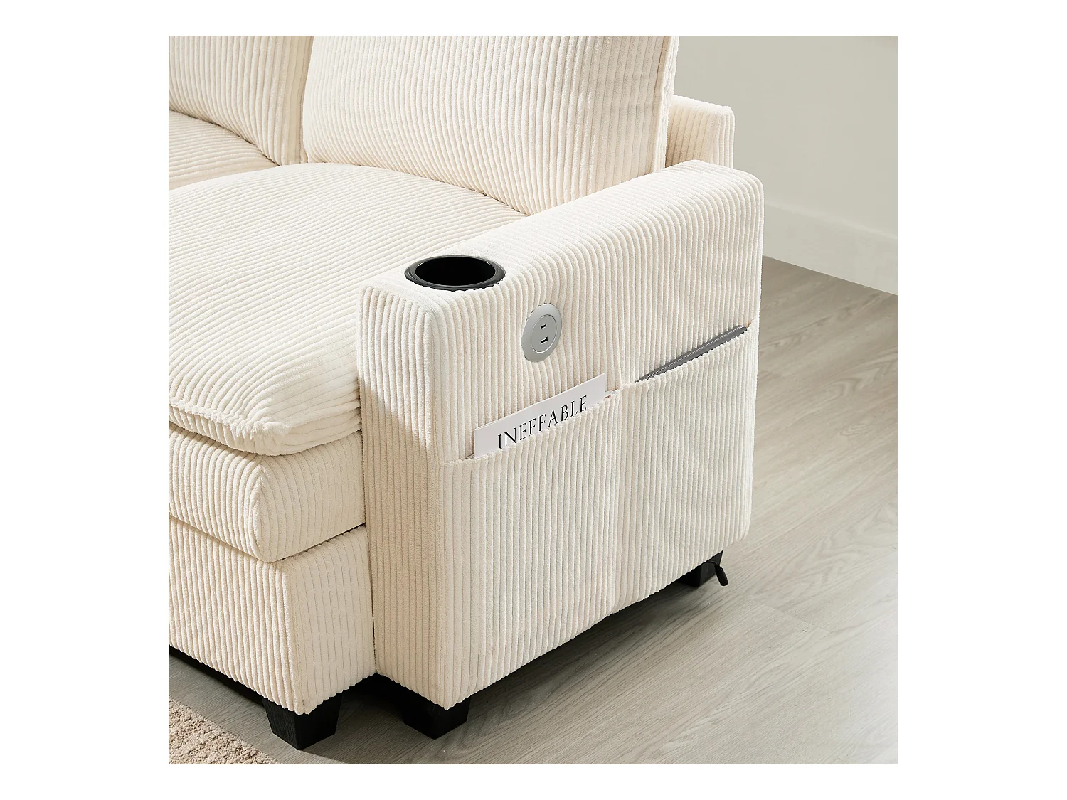 Sofá moderno - 4 lugares - Apoio de pés removível - Portas USB - Compartimentos de armazenamento + Porta-copos - Bege