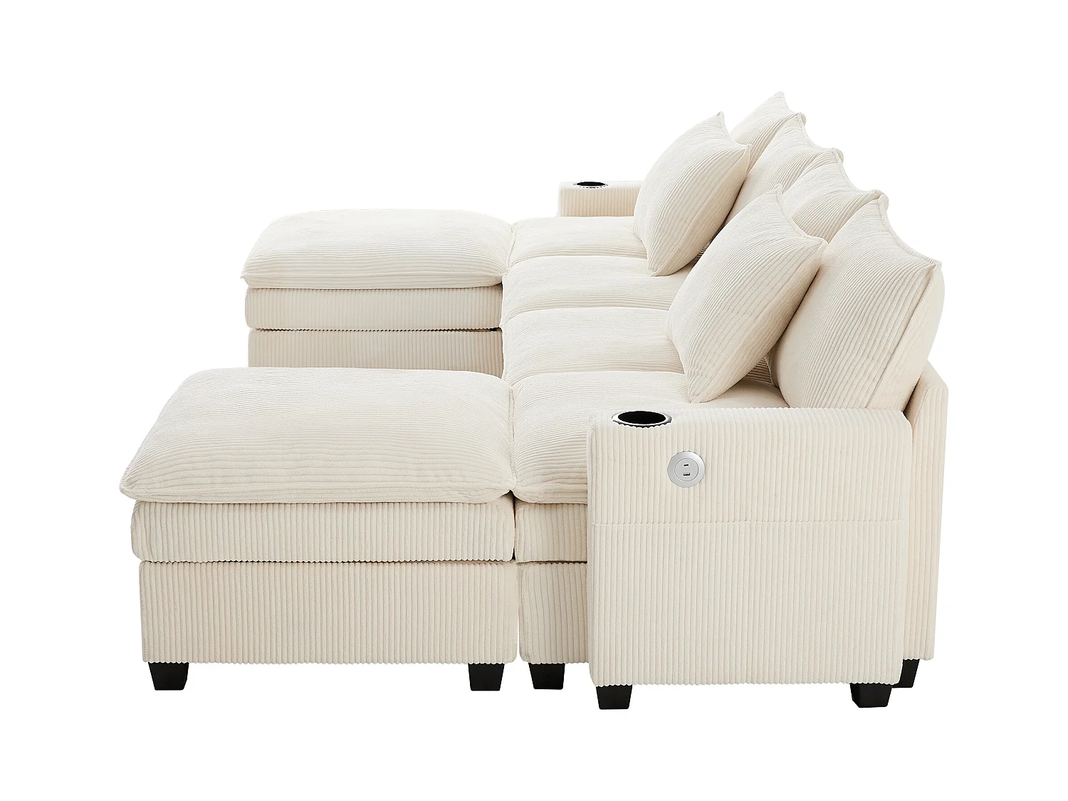 Sofá moderno - 4 lugares - Apoio de pés removível - Portas USB - Compartimentos de armazenamento + Porta-copos - Bege