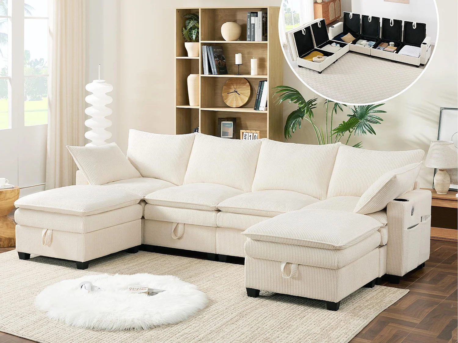 Canapé moderne - 4 places - Repose-pieds amovible - Ports USB - Compartiments de rangement + Porte-gobelets - Beige