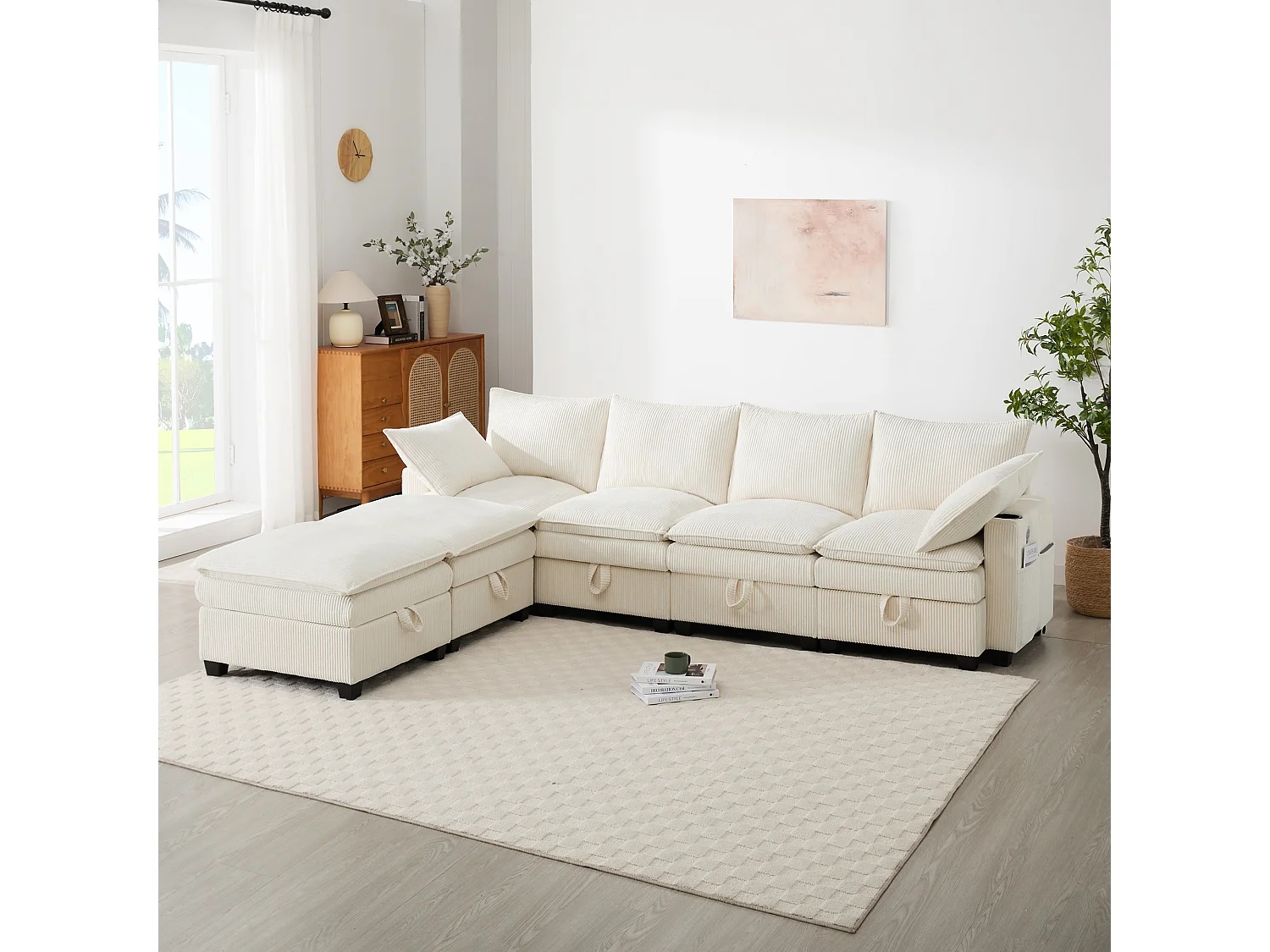 Canapé moderne - 4 places - Repose-pieds amovible - Ports USB - Compartiments de rangement + Porte-gobelets - Beige