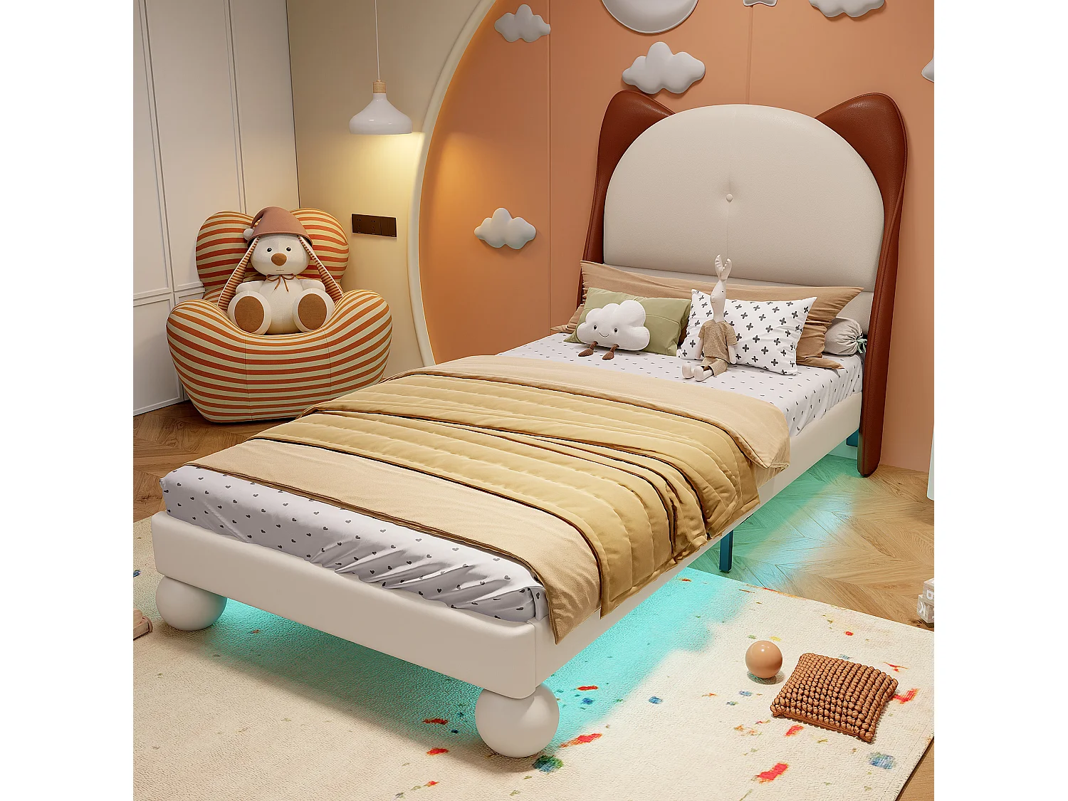 Kinderbed 90x20cm met LED-verlichting, hoofdbord kattenoren, beige + geelbruin, PU