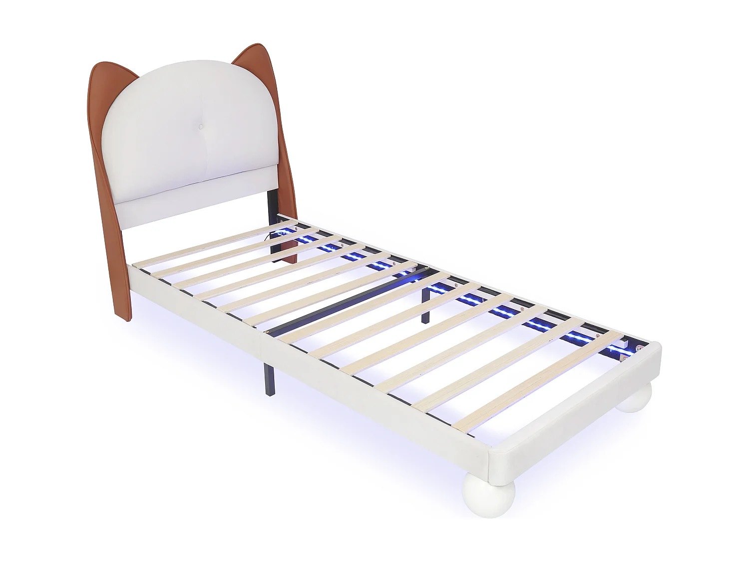 Kinderbed 90x20cm met LED-verlichting, hoofdbord kattenoren, beige + geelbruin, PU