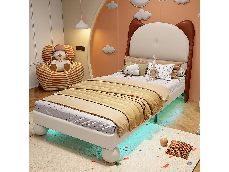 Kinderbed 90x20cm met LED-verlichting, hoofdbord kattenoren, beige + geelbruin, PU