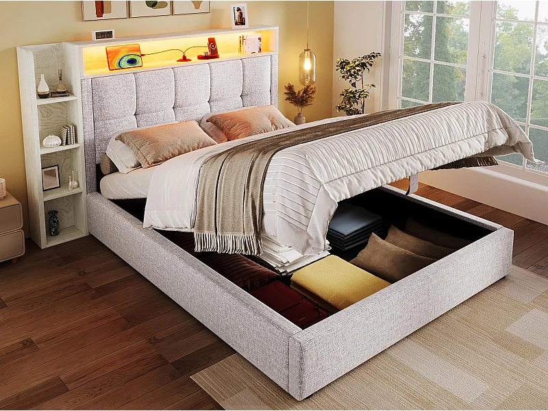 Lit coffre rembourré 90x200 cm - avec USB Type-C - éclairage LED - lin - beige (matelas non inclus)