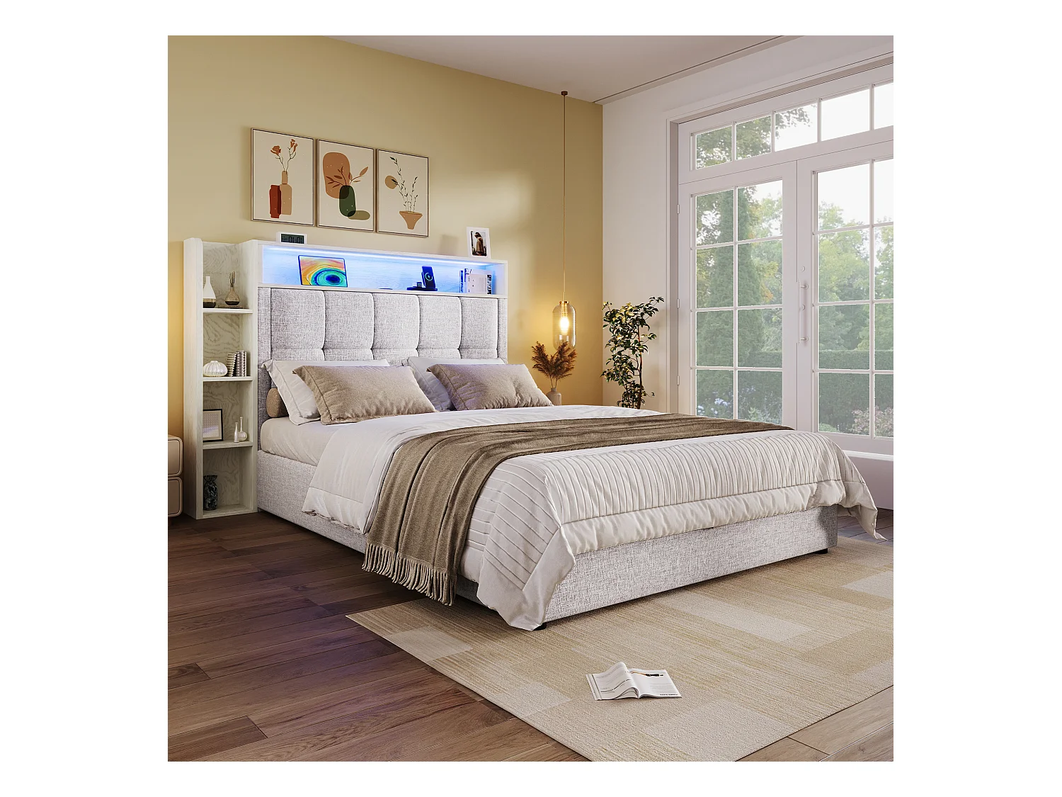 Letto contenitore imbottito 90x200 cm - con USB Tipo-C - illuminazione LED - lino - ​​beige​​ (materasso non incluso)
