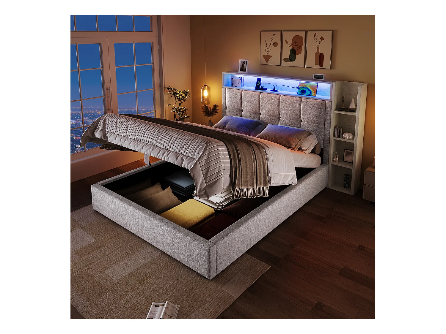 Letto contenitore imbottito 90x200 cm - con USB Tipo-C - illuminazione LED - lino - ​​beige​​ (materasso non incluso)