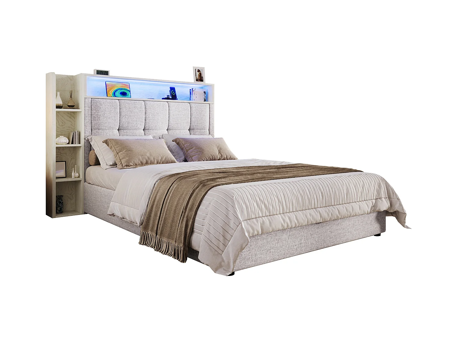 Letto contenitore imbottito 90x200 cm - con USB Tipo-C - illuminazione LED - lino - ​​beige​​ (materasso non incluso)