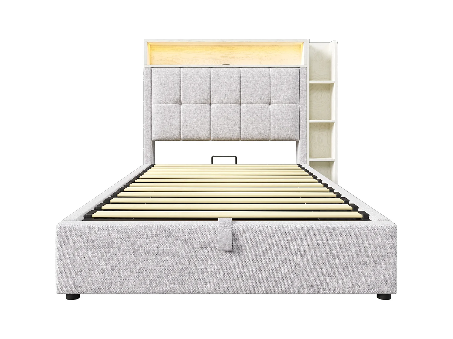 Letto contenitore imbottito 90x200 cm - con USB Tipo-C - illuminazione LED - lino - ​​beige​​ (materasso non incluso)