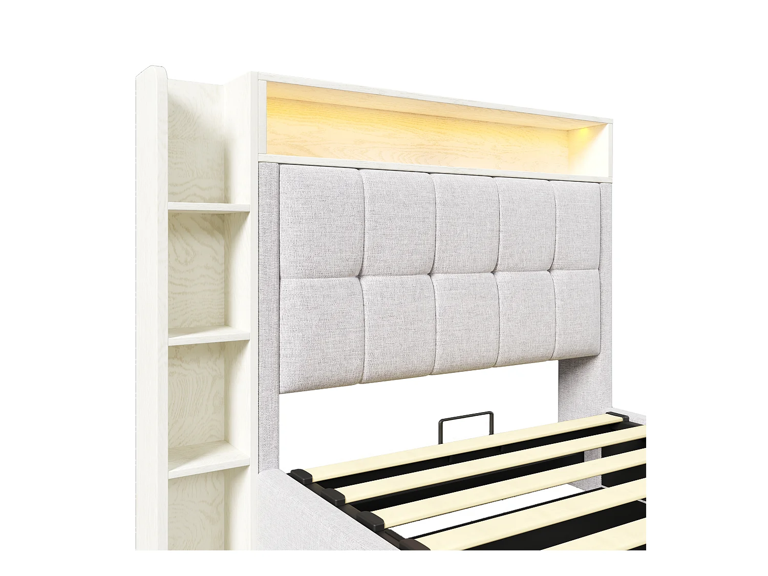 Letto contenitore imbottito 90x200 cm - con USB Tipo-C - illuminazione LED - lino - ​​beige​​ (materasso non incluso)