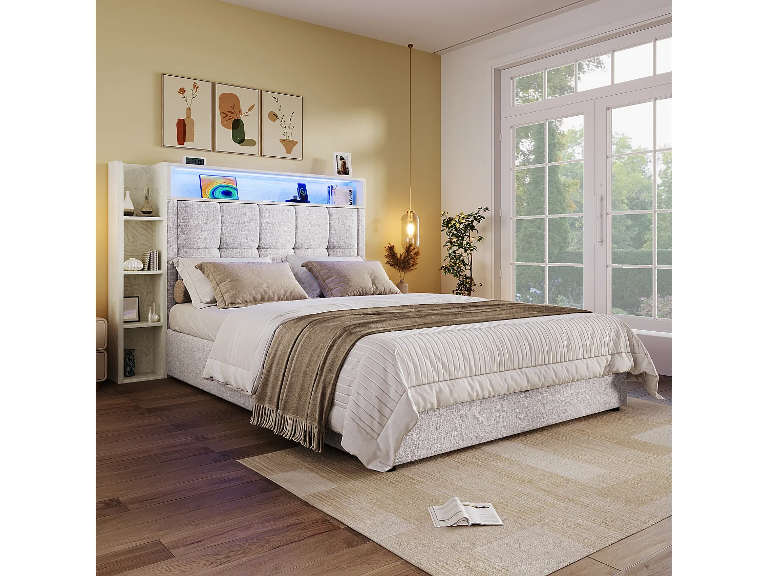 Gepolstertes Stauraumbett 90x200 cm - mit USB Type-C - LED-Beleuchtung - Leinen - ​​beige​​ (Matratze nicht inbegriffen)