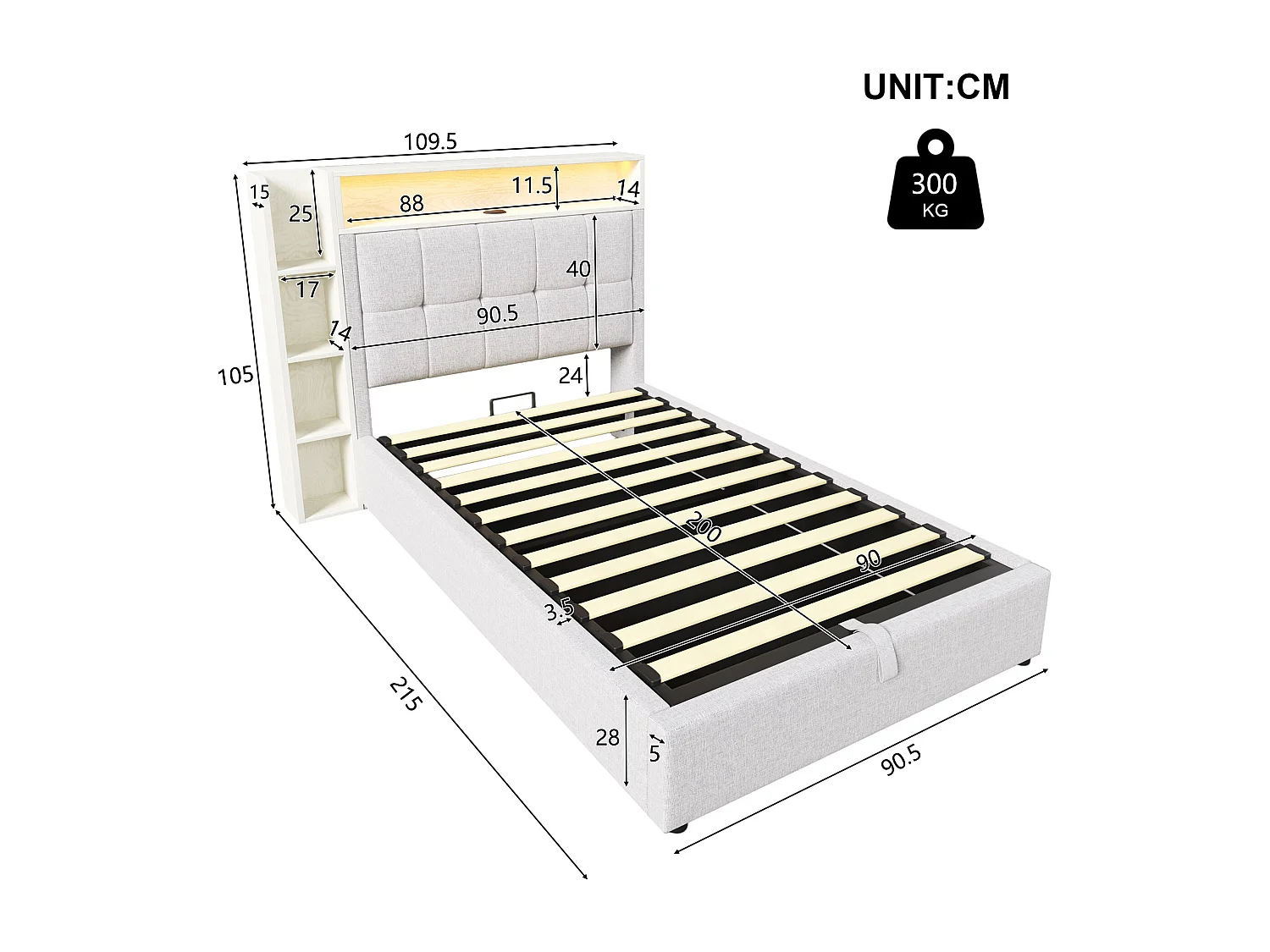 Gepolstertes Stauraumbett 90x200 cm - mit USB Type-C - LED-Beleuchtung - Leinen - ​​beige​​ (Matratze nicht inbegriffen)