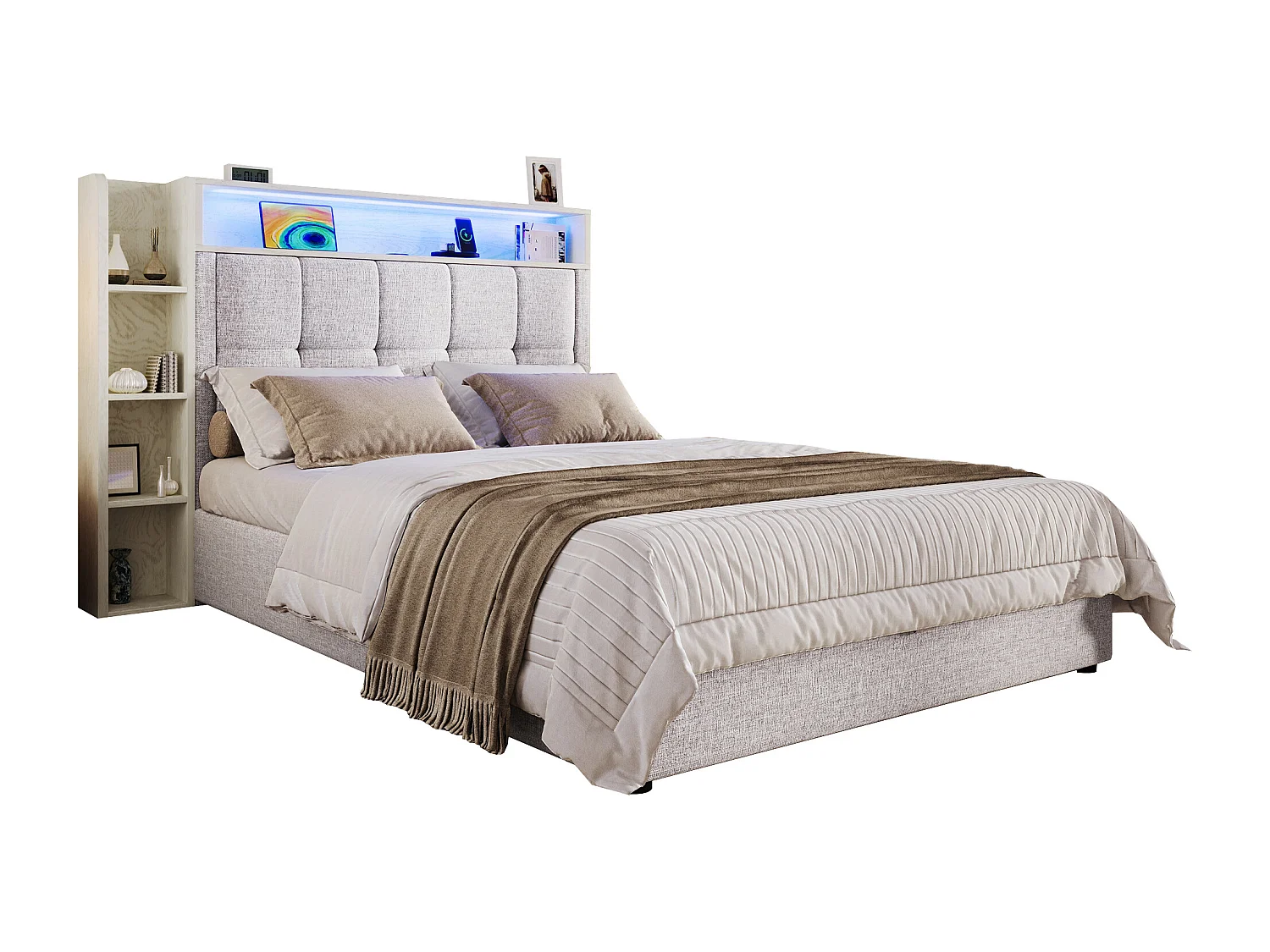 Gepolstertes Stauraumbett 90x200 cm - mit USB Type-C - LED-Beleuchtung - Leinen - ​​beige​​ (Matratze nicht inbegriffen)