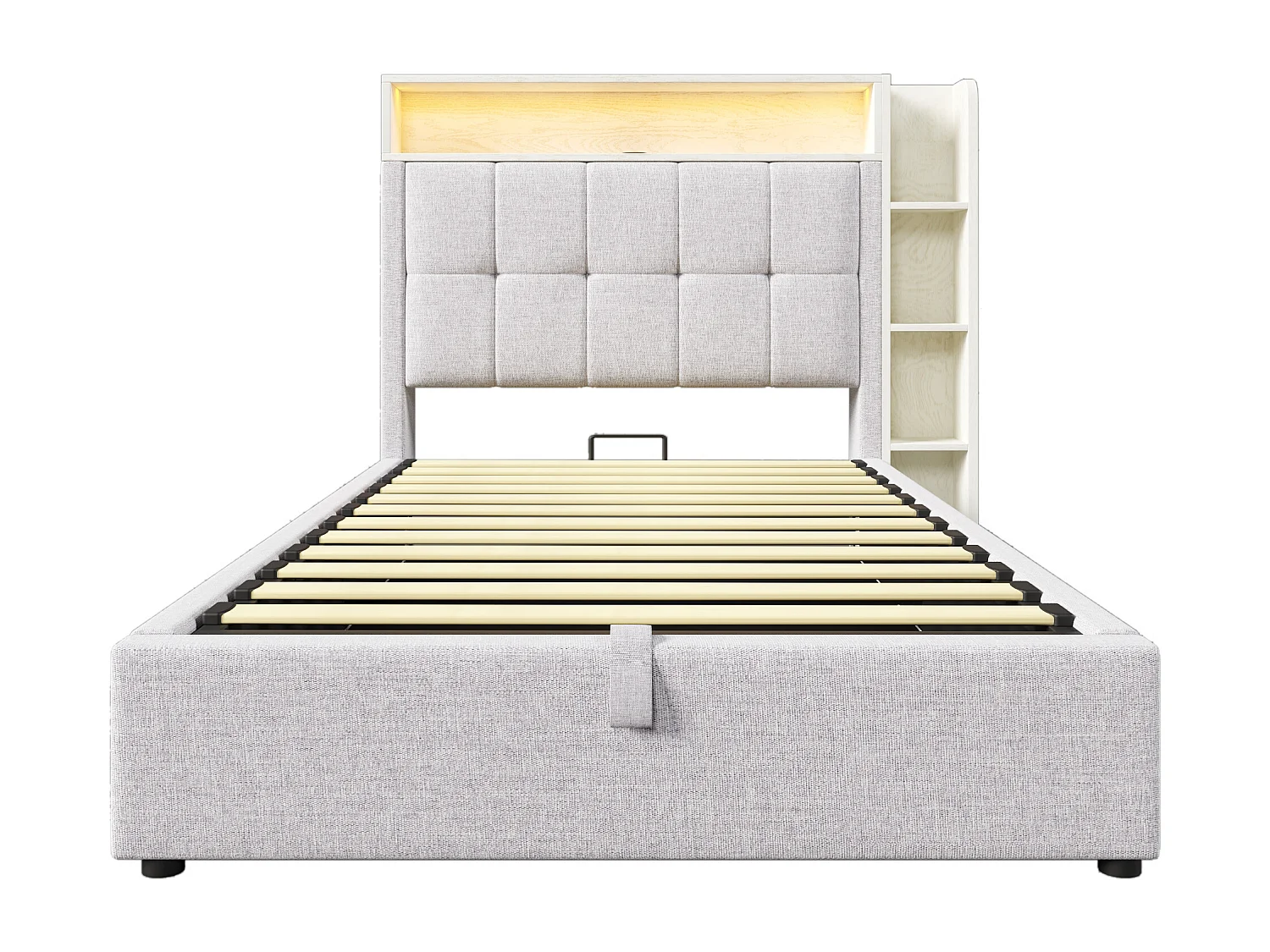 Gepolstertes Stauraumbett 90x200 cm - mit USB Type-C - LED-Beleuchtung - Leinen - ​​beige​​ (Matratze nicht inbegriffen)