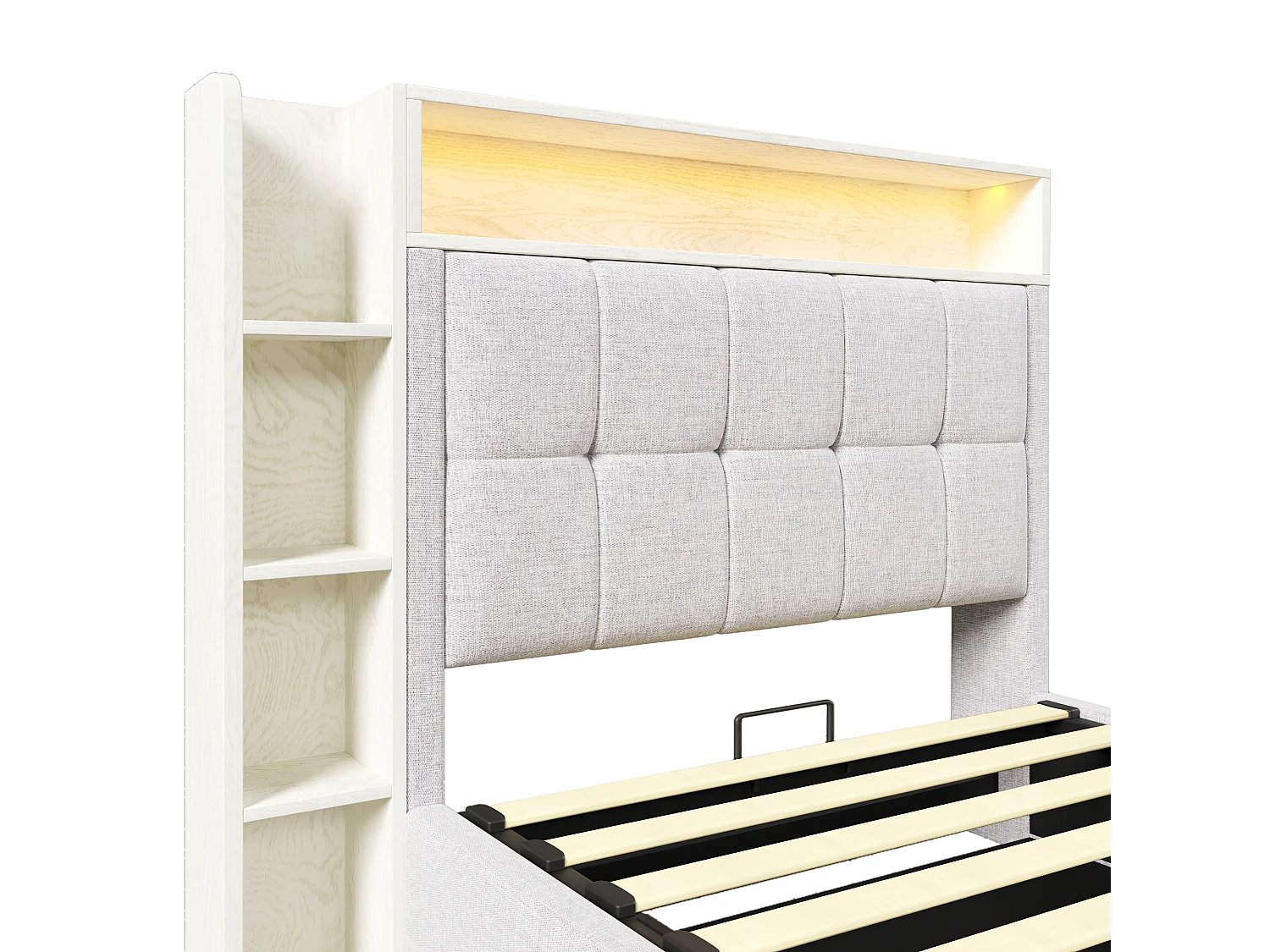 Gepolstertes Stauraumbett 90x200 cm - mit USB Type-C - LED-Beleuchtung - Leinen - ​​beige​​ (Matratze nicht inbegriffen)