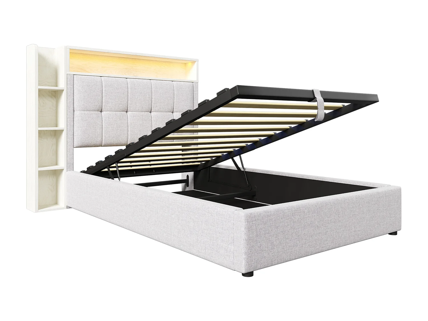 Gepolstertes Stauraumbett 90x200 cm - mit USB Type-C - LED-Beleuchtung - Leinen - ​​beige​​ (Matratze nicht inbegriffen)