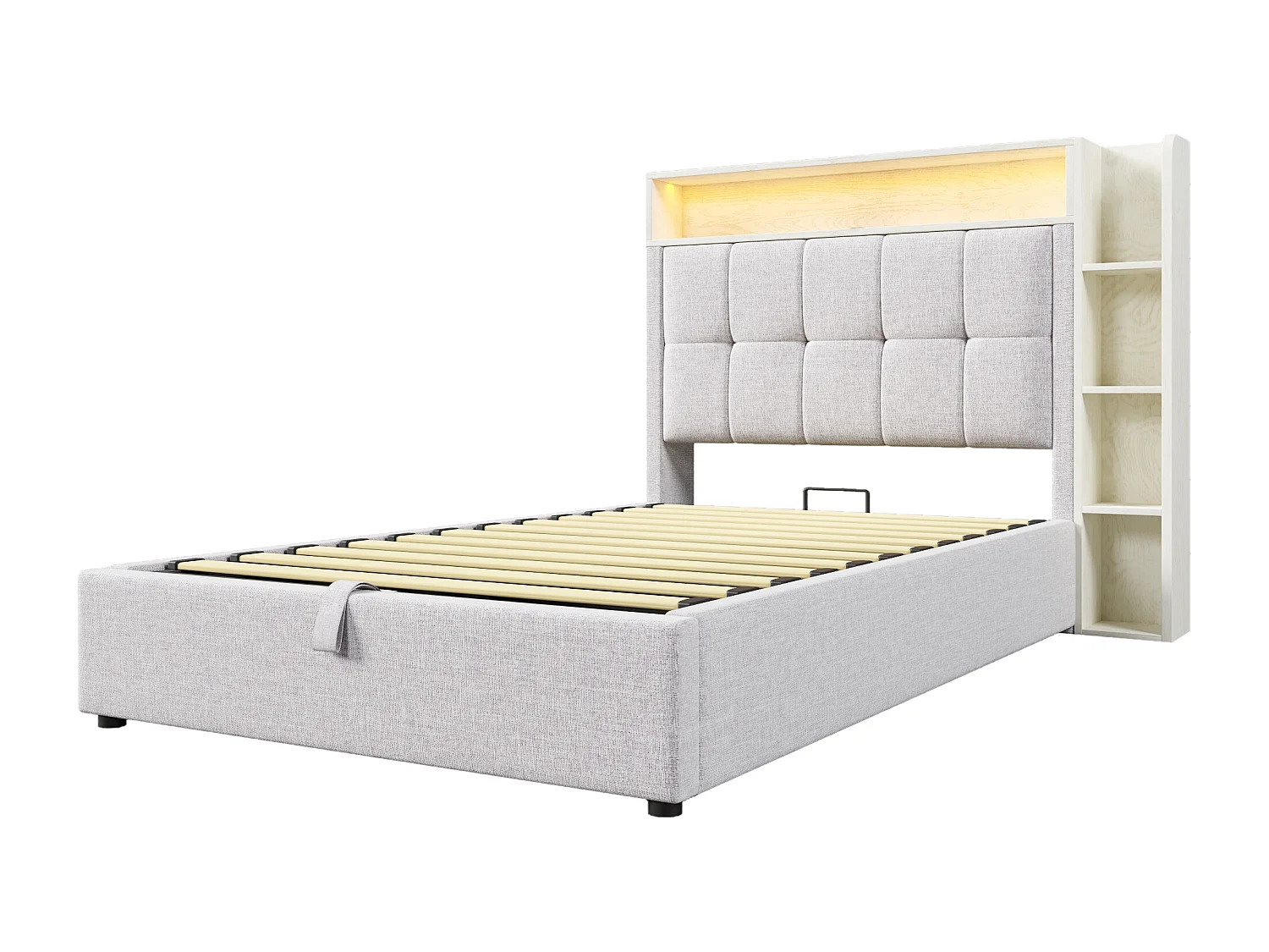 Gepolstertes Stauraumbett 90x200 cm - mit USB Type-C - LED-Beleuchtung - Leinen - ​​beige​​ (Matratze nicht inbegriffen)