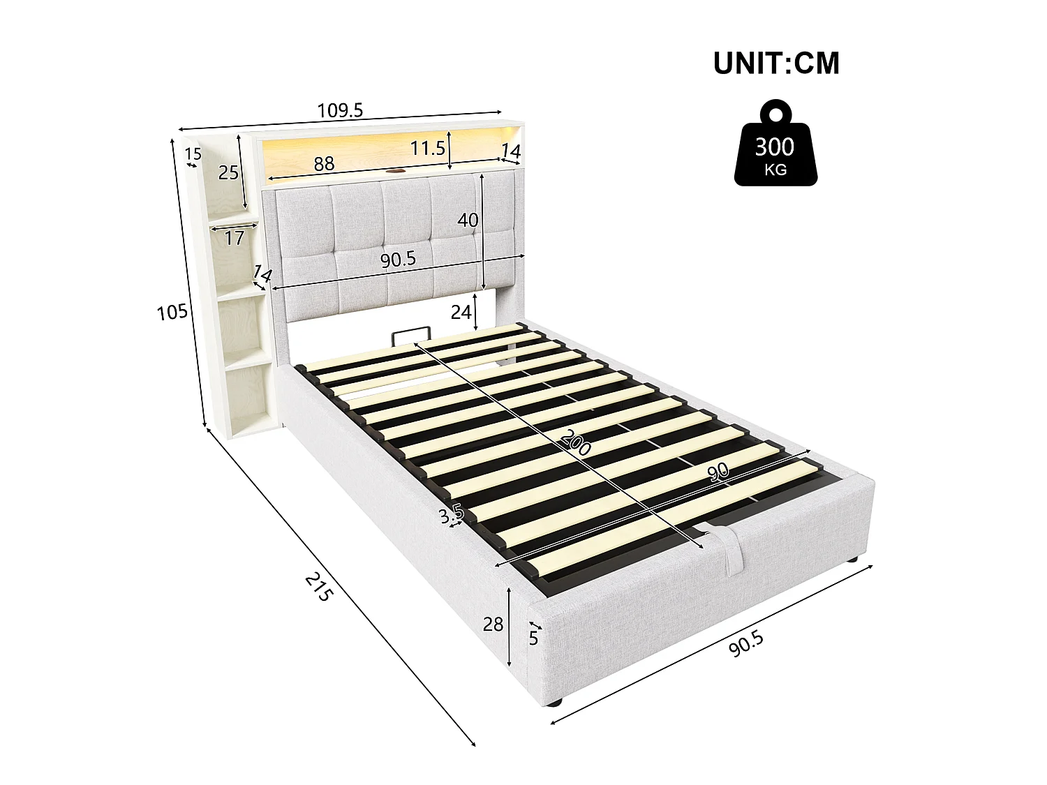 Lit coffre rembourré 90x200 cm - avec USB Type-C - éclairage LED - lin - beige (matelas non inclus)