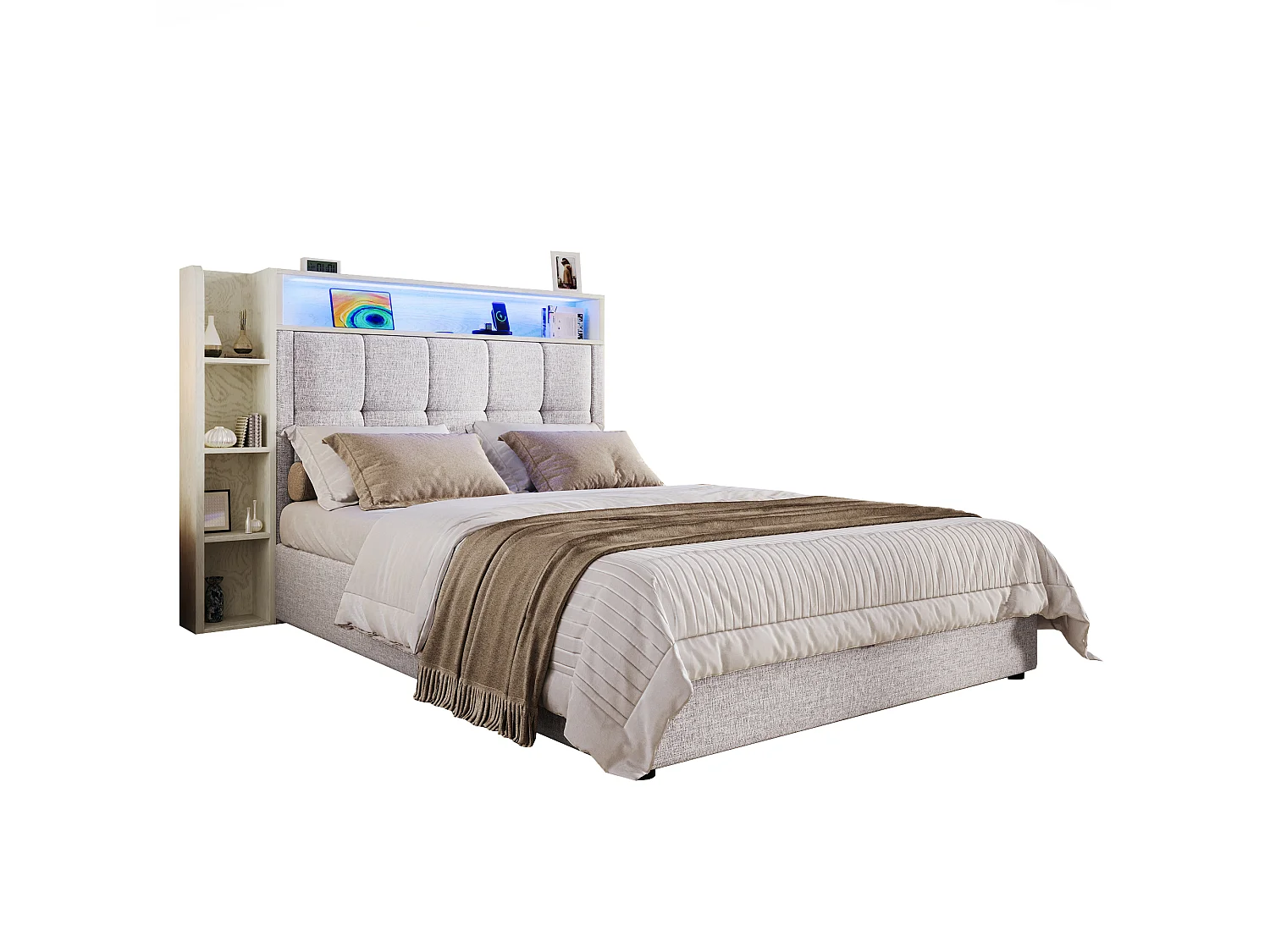 Lit coffre rembourré 90x200 cm - avec USB Type-C - éclairage LED - lin - beige (matelas non inclus)