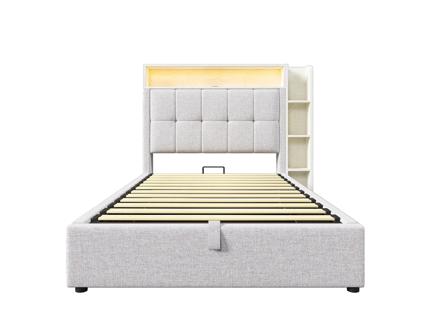 Lit coffre rembourré 90x200 cm - avec USB Type-C - éclairage LED - lin - beige (matelas non inclus)