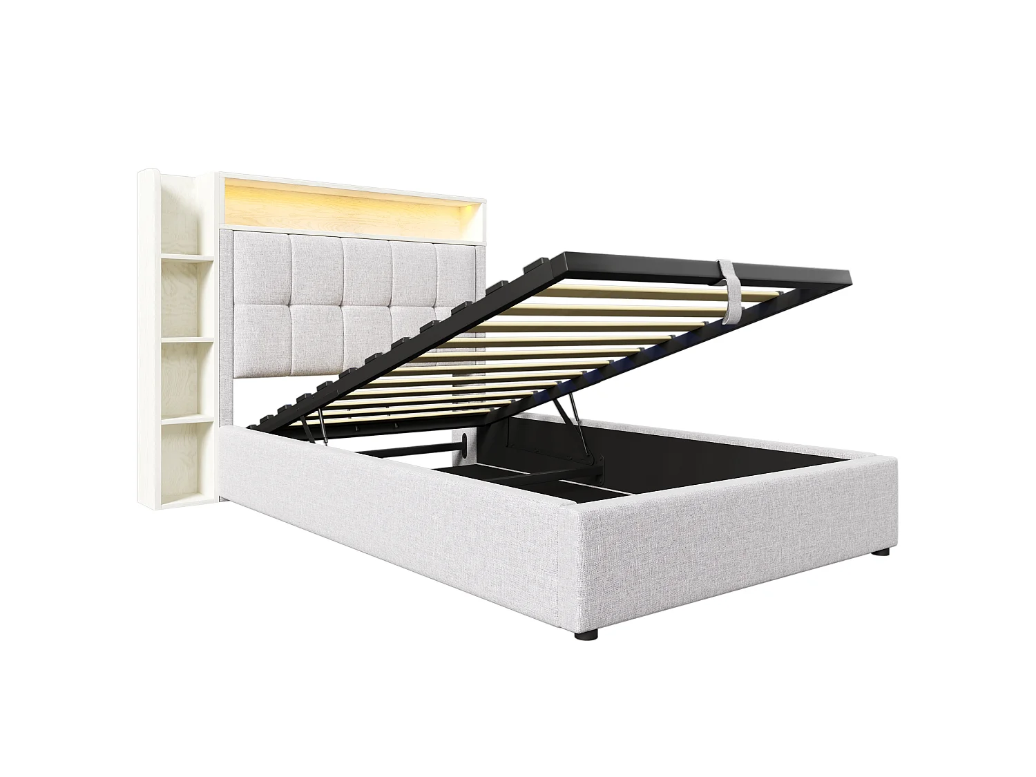 Lit coffre rembourré 90x200 cm - avec USB Type-C - éclairage LED - lin - beige (matelas non inclus)