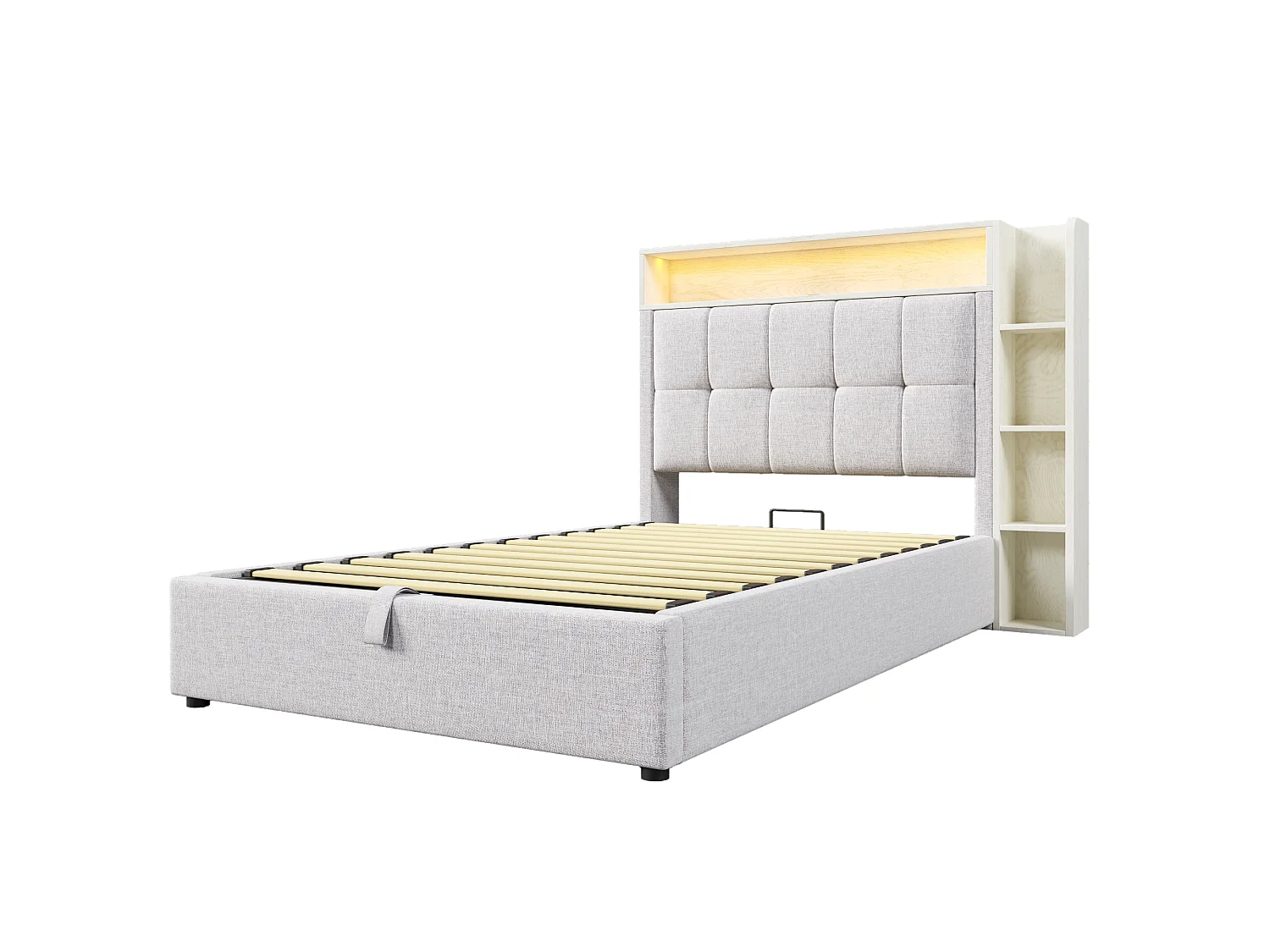 Lit coffre rembourré 90x200 cm - avec USB Type-C - éclairage LED - lin - beige (matelas non inclus)