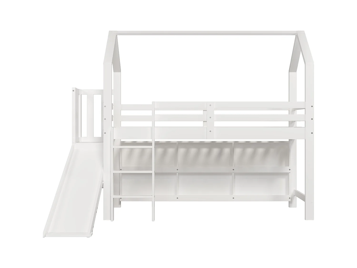 Lit mi-hauteur enfant 90x200cm avec toboggan et rangement, bois + MDF, blanc, sans matelas