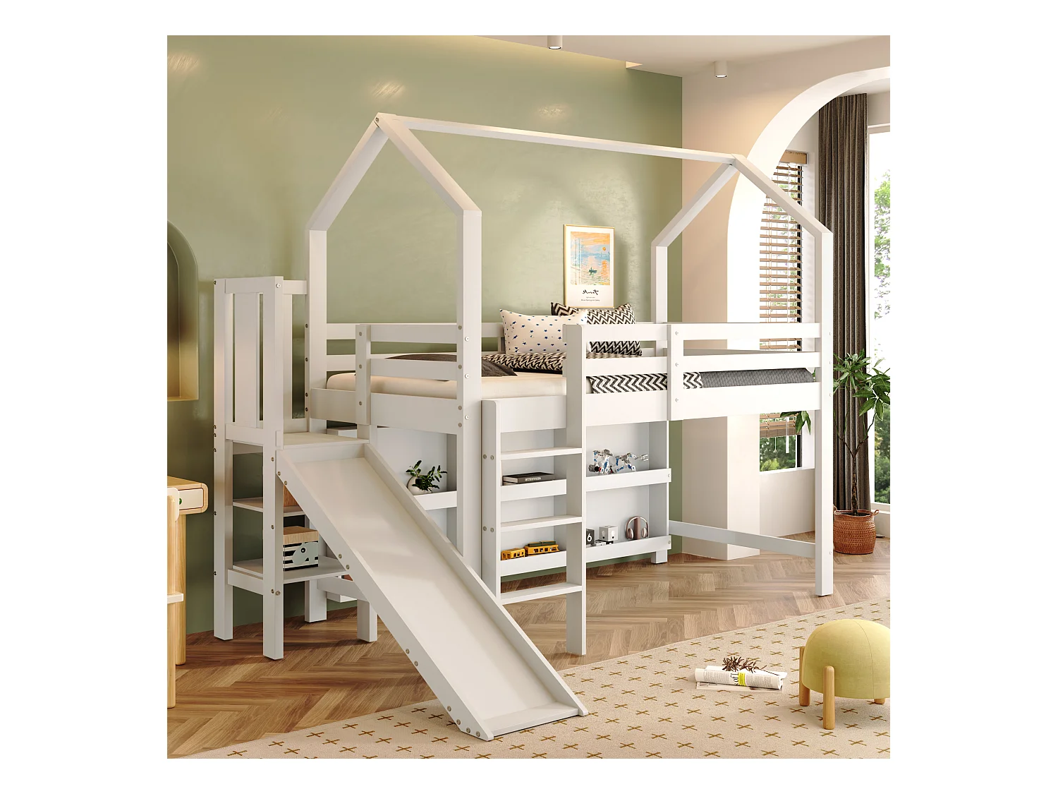Lit mi-hauteur enfant 90x200cm avec toboggan et rangement, bois + MDF, blanc, sans matelas