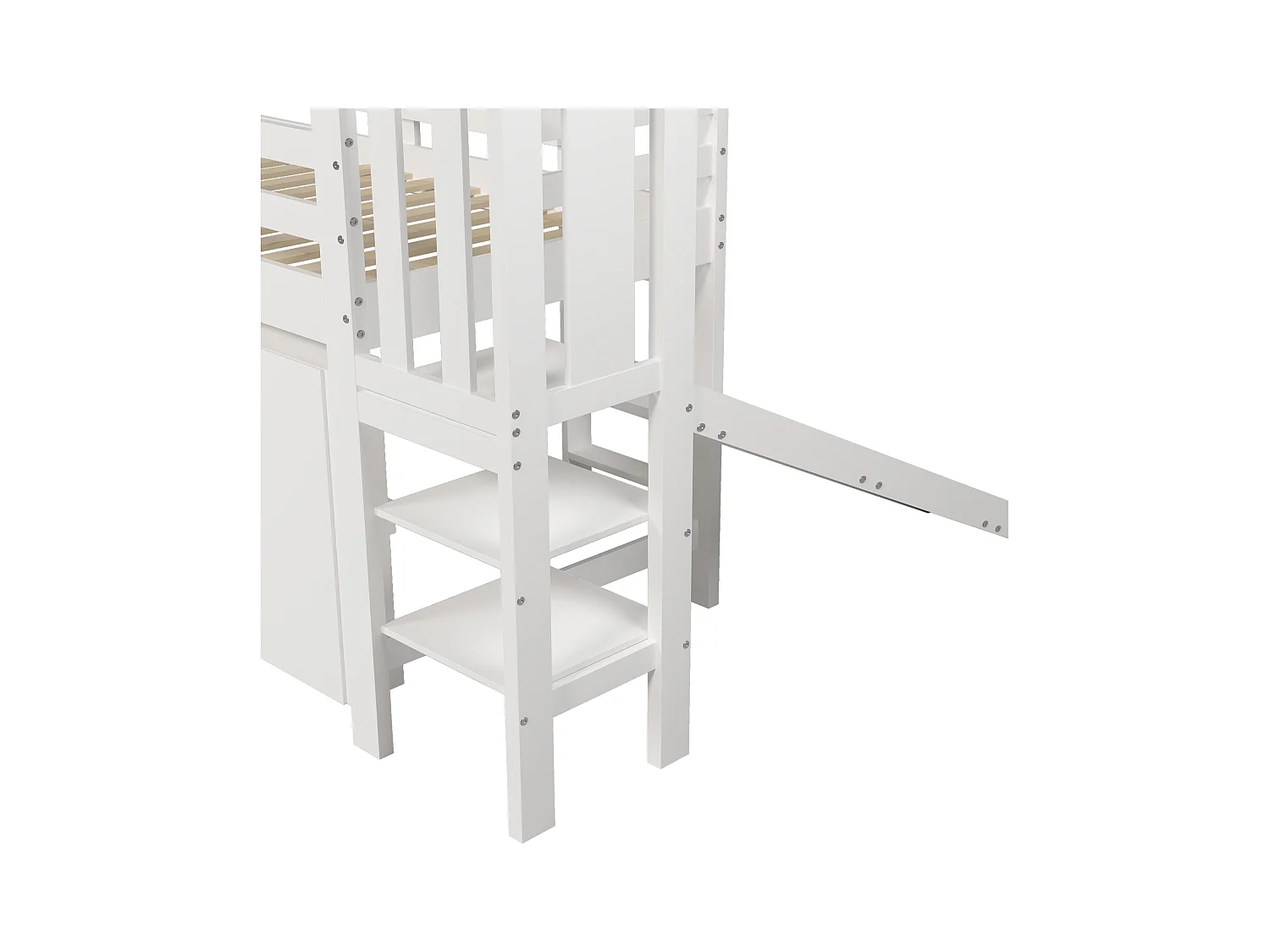 Lit mi-hauteur enfant 90x200cm avec toboggan et rangement, bois + MDF, blanc, sans matelas