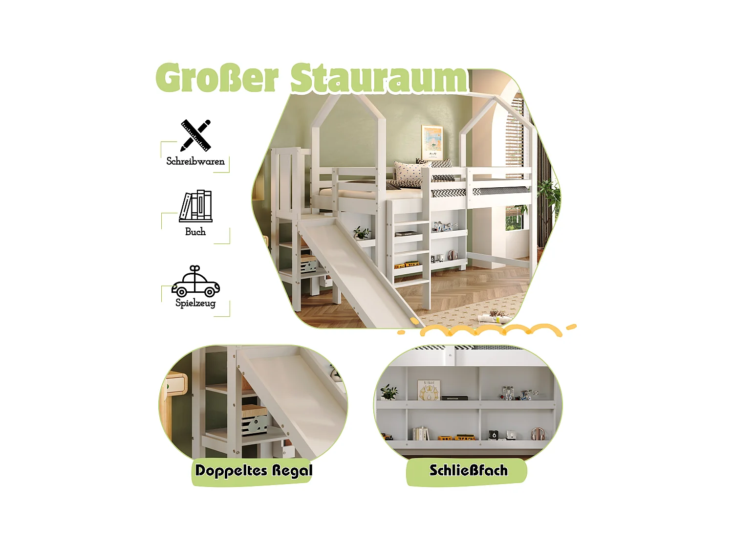 Lit mi-hauteur enfant 90x200cm avec toboggan et rangement, bois + MDF, blanc, sans matelas
