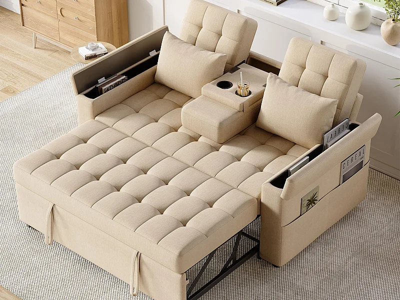 Canapé 2 places - avec compartiment de rangement - avec poche de rangement - avec 2 coussins - Beige