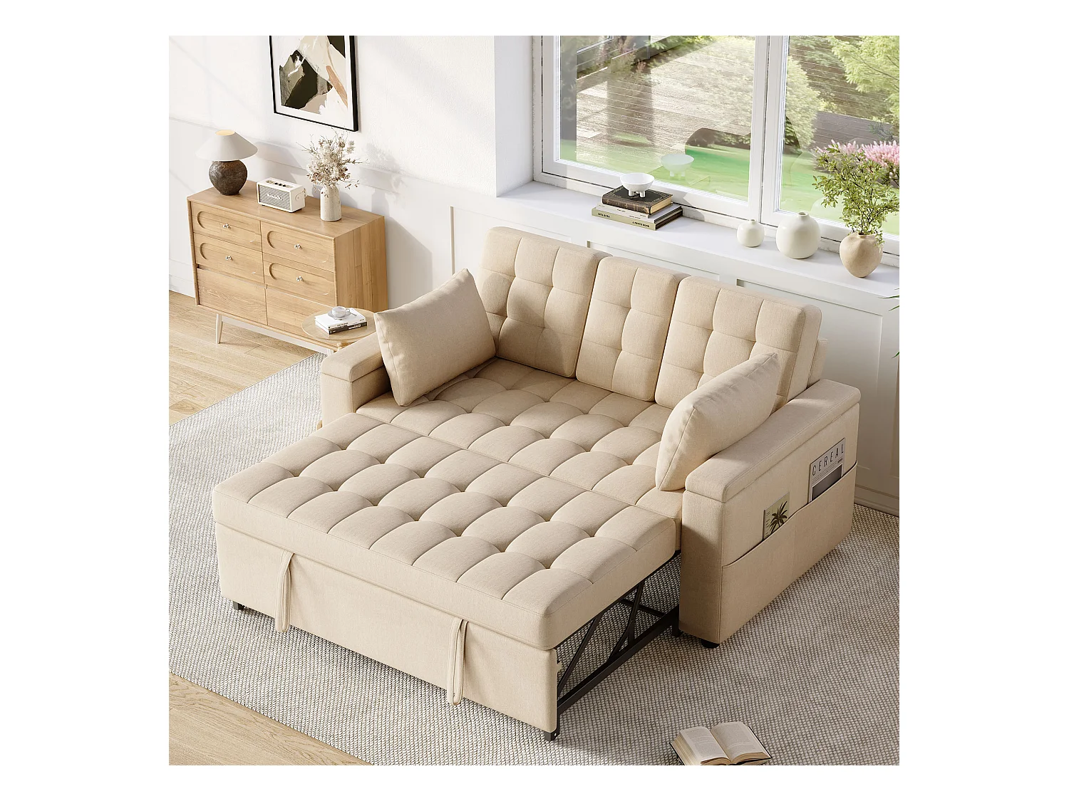 Kanapa 2-osobowa - z schowkiem - z kieszenią na przechowywanie - z 2 poduszkami - Beżowy