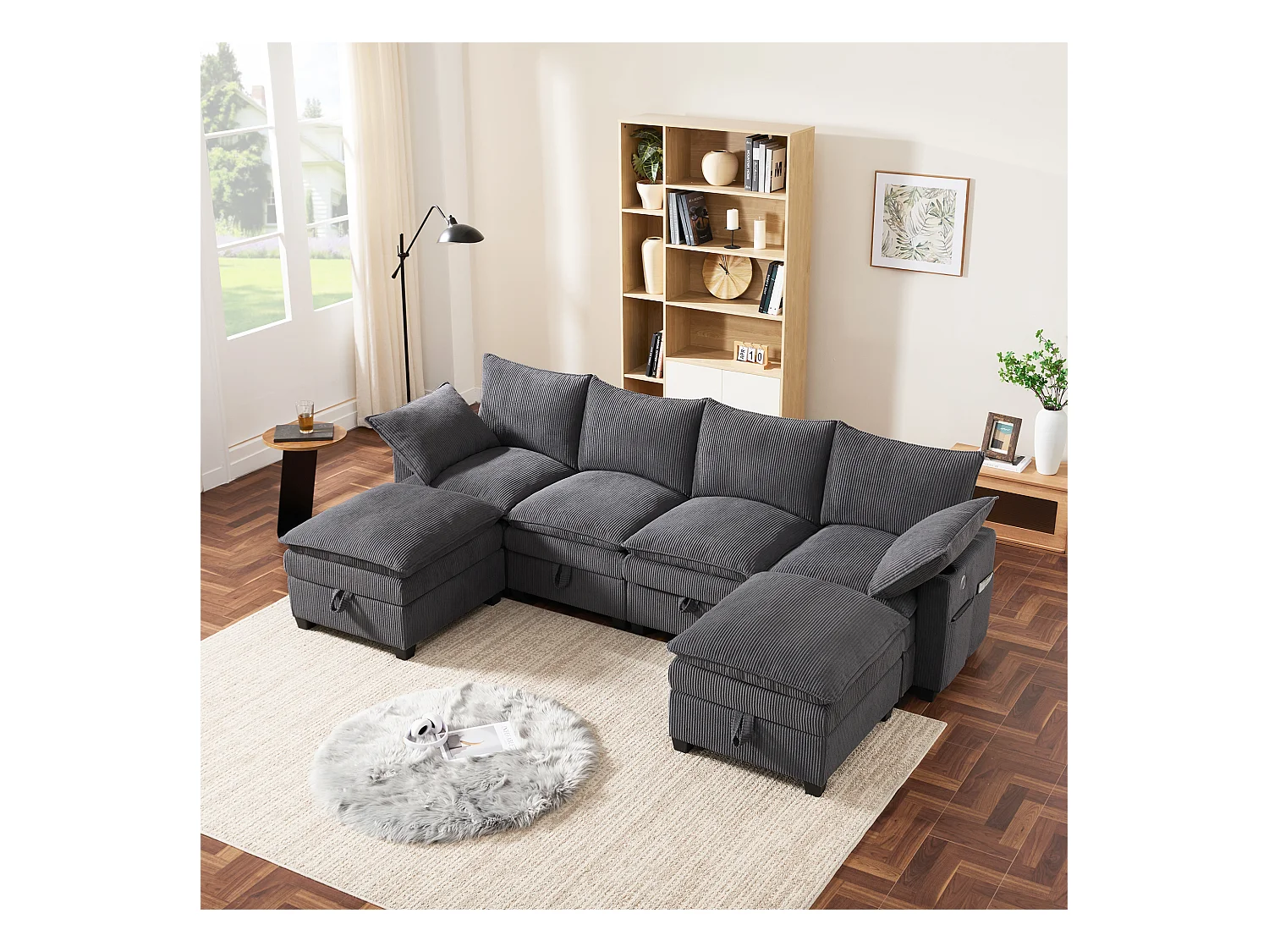 Sofá moderno - 4 plazas - Reposapiés extraíble - Puertos USB - Compartimentos de almacenamiento + Portavasos - ​​Gris​