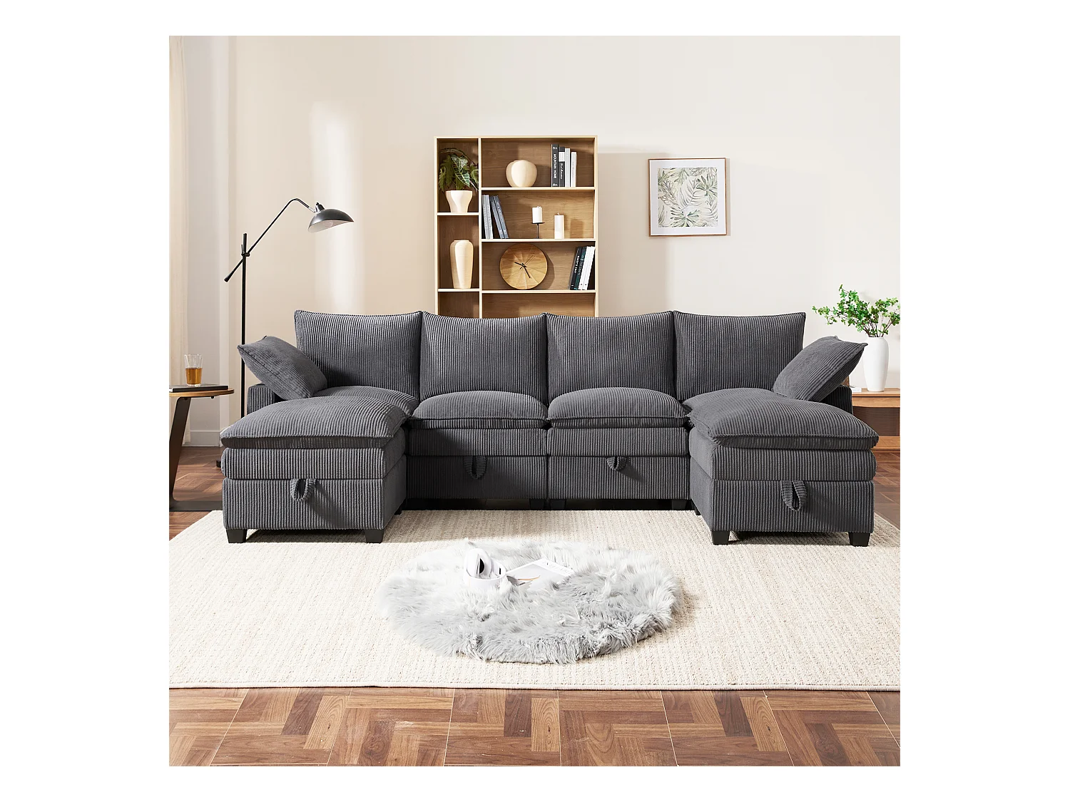 Sofá moderno - 4 plazas - Reposapiés extraíble - Puertos USB - Compartimentos de almacenamiento + Portavasos - ​​Gris​