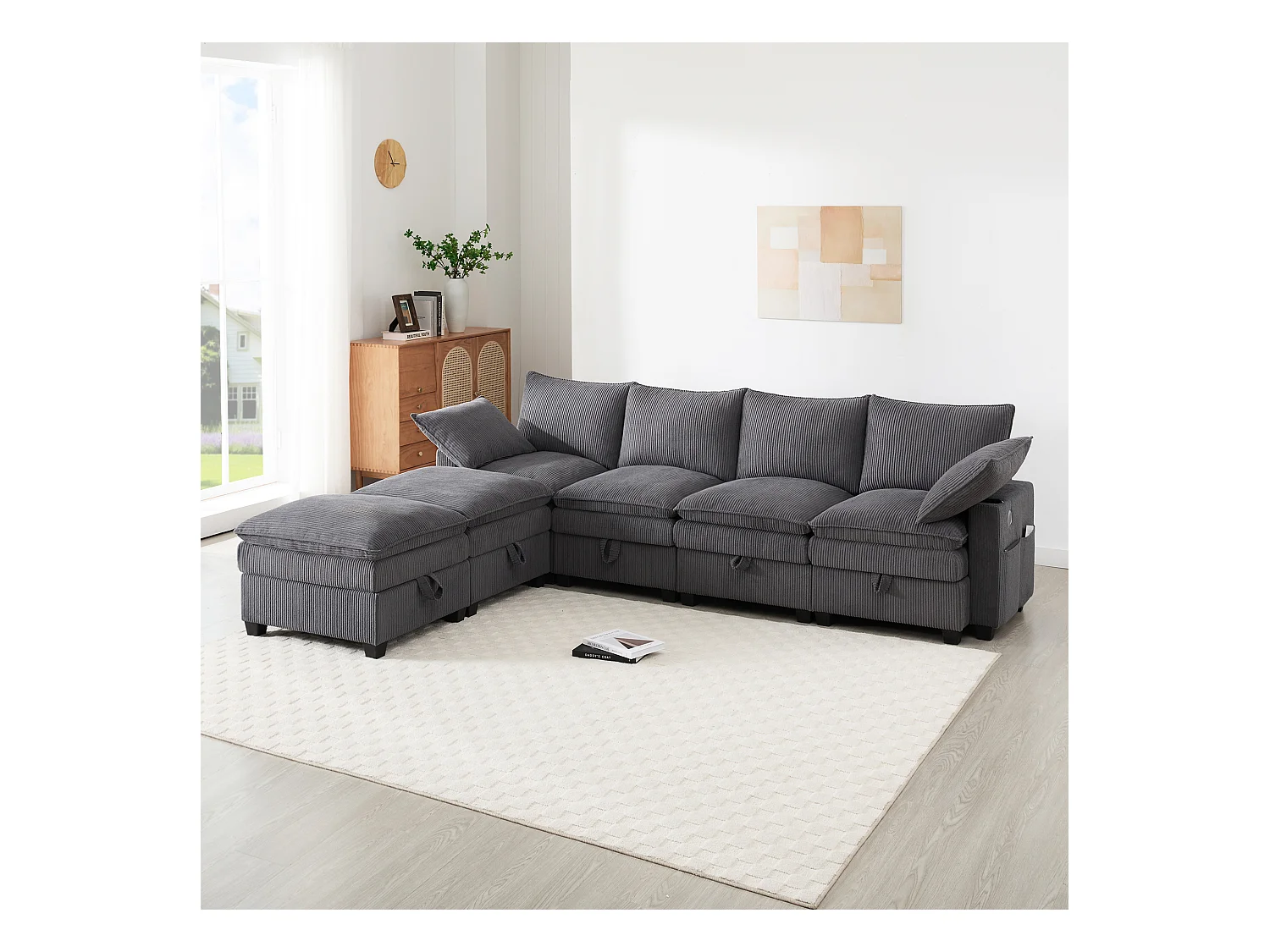 Sofá moderno - 4 plazas - Reposapiés extraíble - Puertos USB - Compartimentos de almacenamiento + Portavasos - ​​Gris​