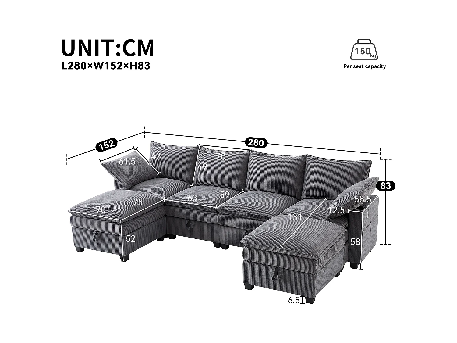 Sofá moderno - 4 plazas - Reposapiés extraíble - Puertos USB - Compartimentos de almacenamiento + Portavasos - ​​Gris​