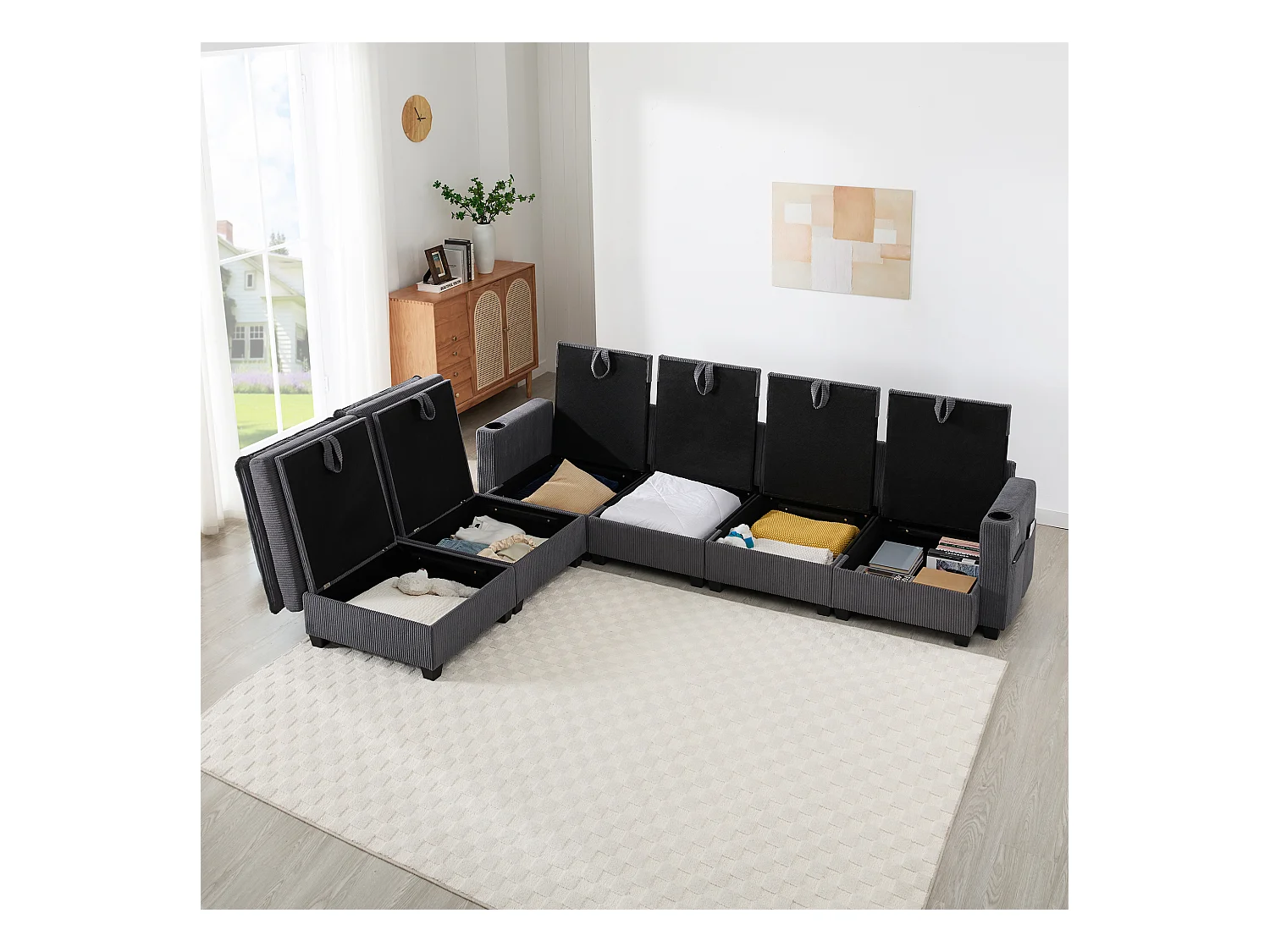 Sofá moderno - 4 plazas - Reposapiés extraíble - Puertos USB - Compartimentos de almacenamiento + Portavasos - ​​Gris​