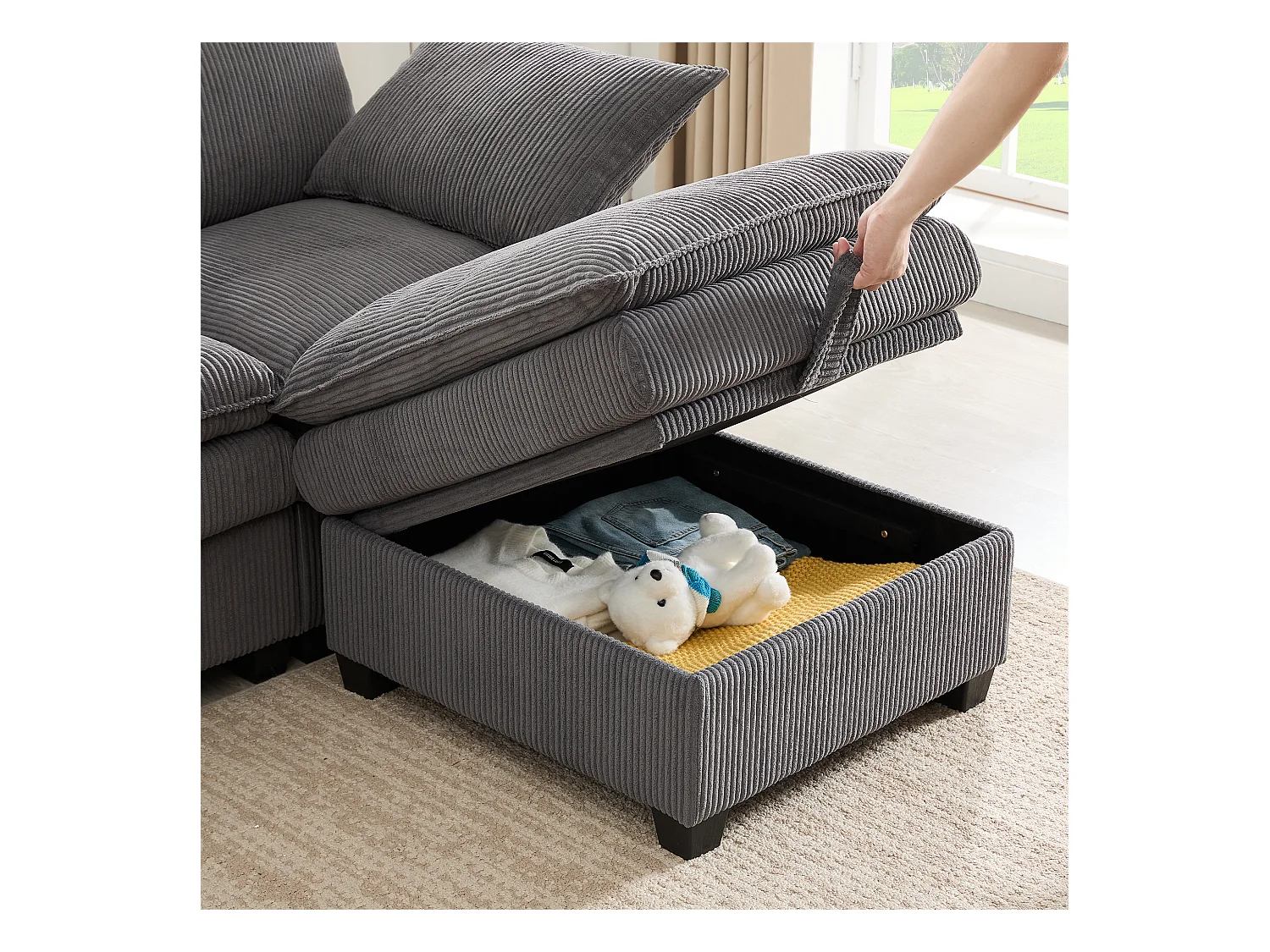 Sofá moderno - 4 plazas - Reposapiés extraíble - Puertos USB - Compartimentos de almacenamiento + Portavasos - ​​Gris​