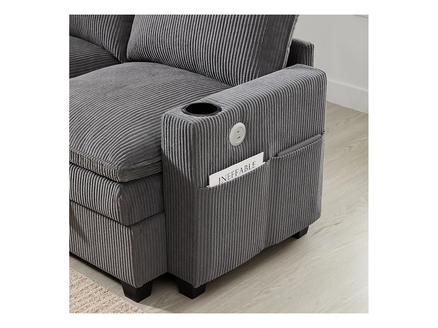 Sofá moderno - 4 plazas - Reposapiés extraíble - Puertos USB - Compartimentos de almacenamiento + Portavasos - ​​Gris​