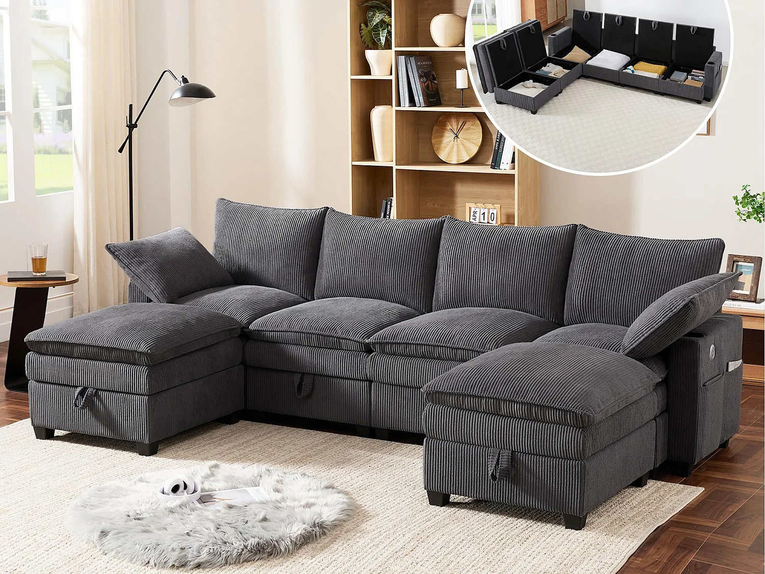 Canapé moderne - 4 places - Repose-pieds amovible - Ports USB - Compartiments de rangement + Porte-gobelets - Gris