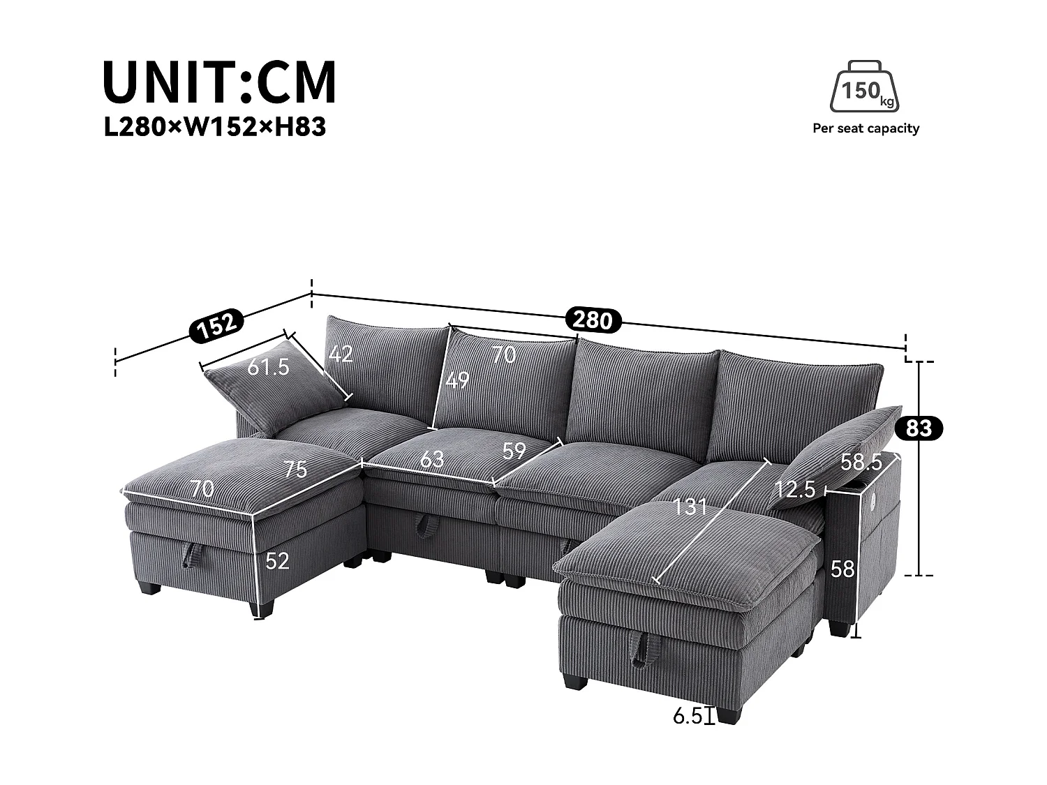 Canapé moderne - 4 places - Repose-pieds amovible - Ports USB - Compartiments de rangement + Porte-gobelets - Gris