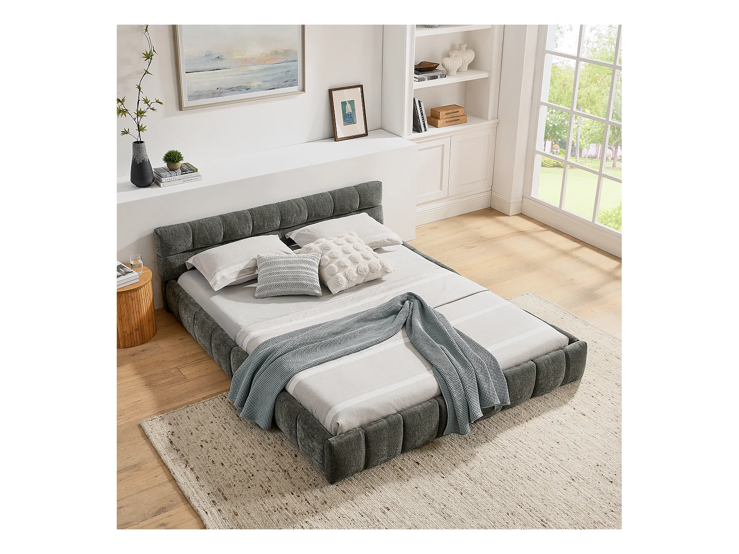 Letto matrimoniale grigio scuro per adulti 160x200cm, trapuntato a quadrati, tessuto ciniglia, legno + metallo