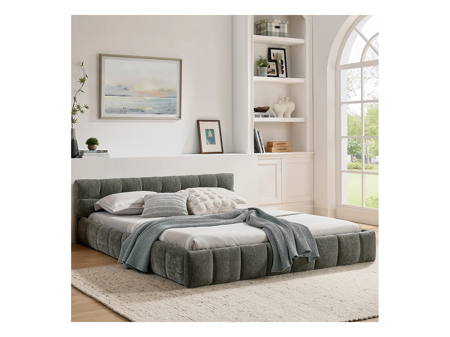 Letto matrimoniale grigio scuro per adulti 160x200cm, trapuntato a quadrati, tessuto ciniglia, legno + metallo