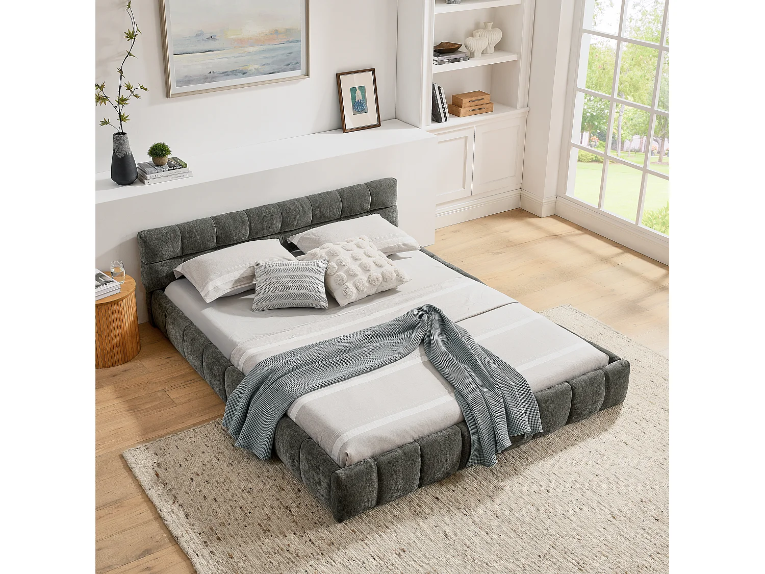 Lit double adulte gris foncé 160x200cm, matelassé carré, tissu chenille, bois + métal