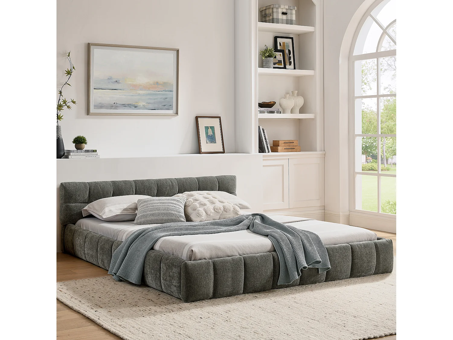 Lit double adulte gris foncé 160x200cm, matelassé carré, tissu chenille, bois + métal