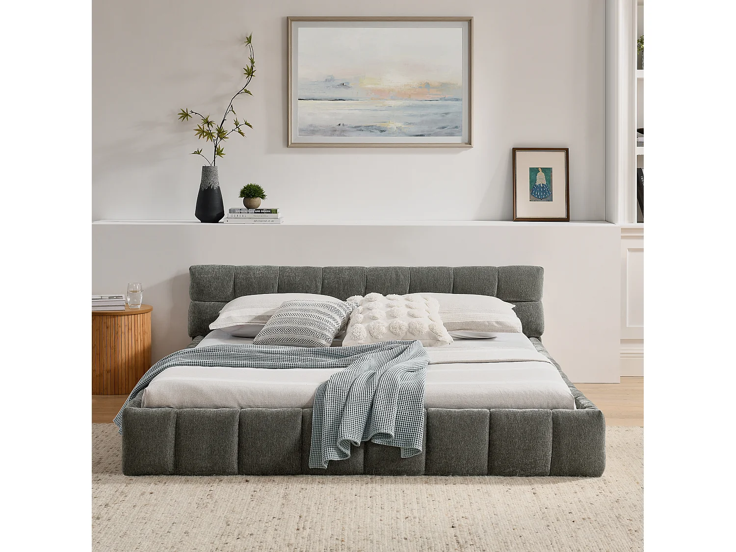 Lit double adulte gris foncé 160x200cm, matelassé carré, tissu chenille, bois + métal