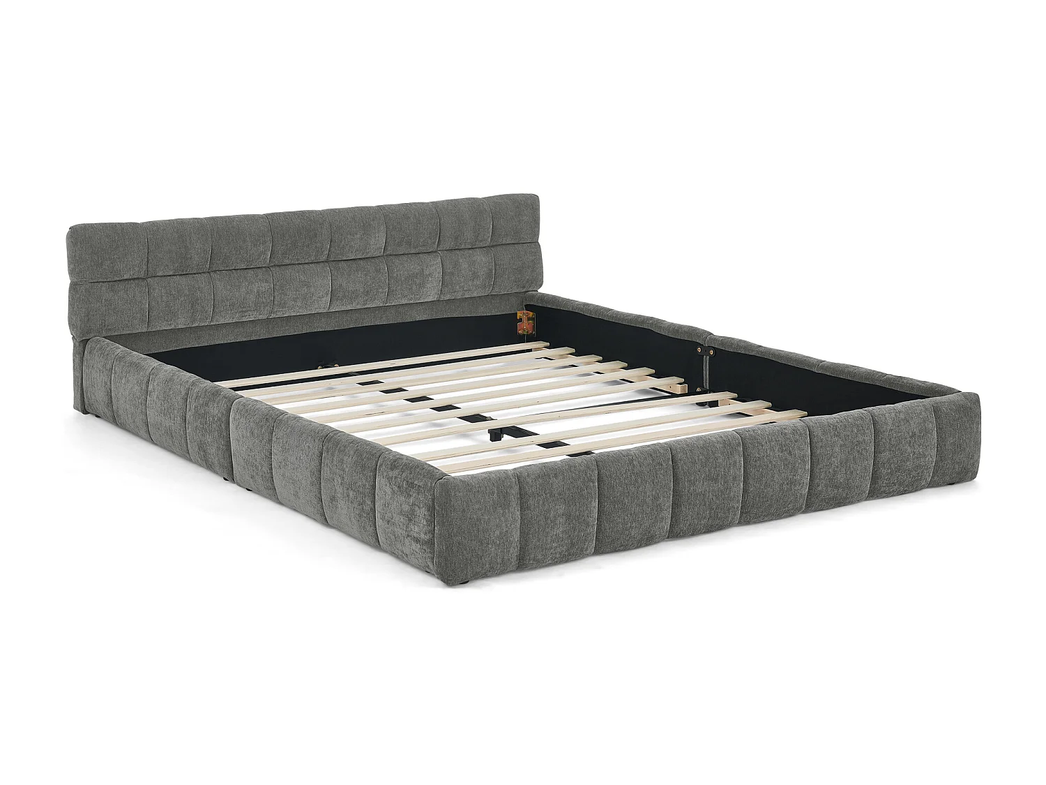 Lit double adulte gris foncé 160x200cm, matelassé carré, tissu chenille, bois + métal